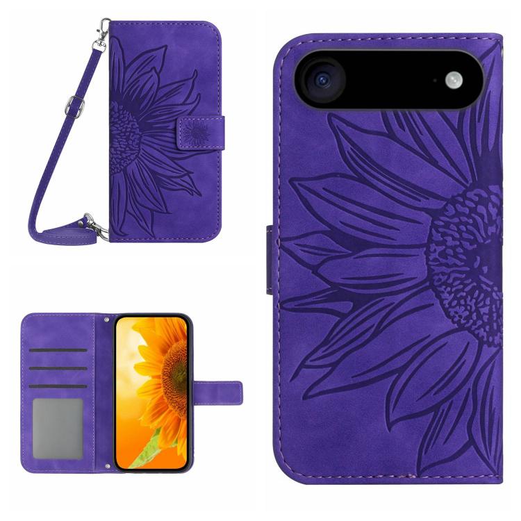 Skin Feel Sun Flower Embossed Flip Leather Phone Case with Lanyard, For iPhone 16 Plus, For iPhone 16