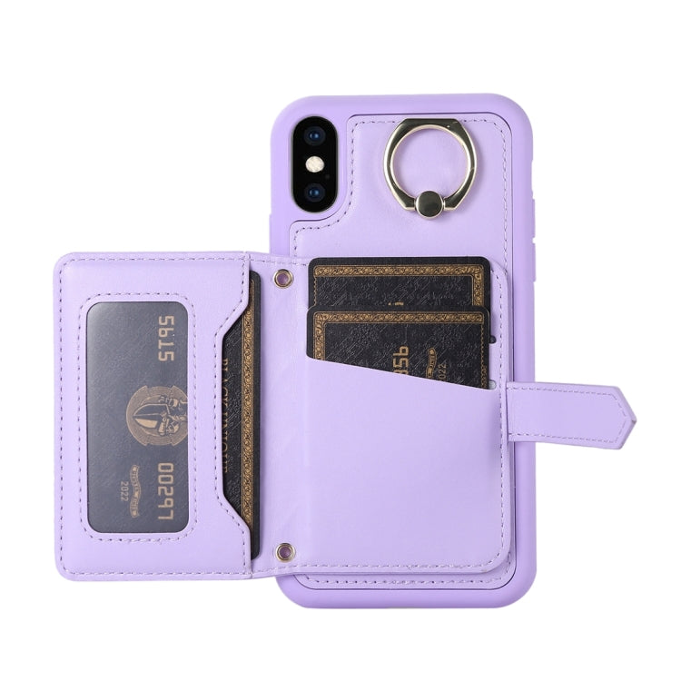 Horizontal Card Bag Ring Holder Phone Case with Dual Lanyard, For iPhone XS Max