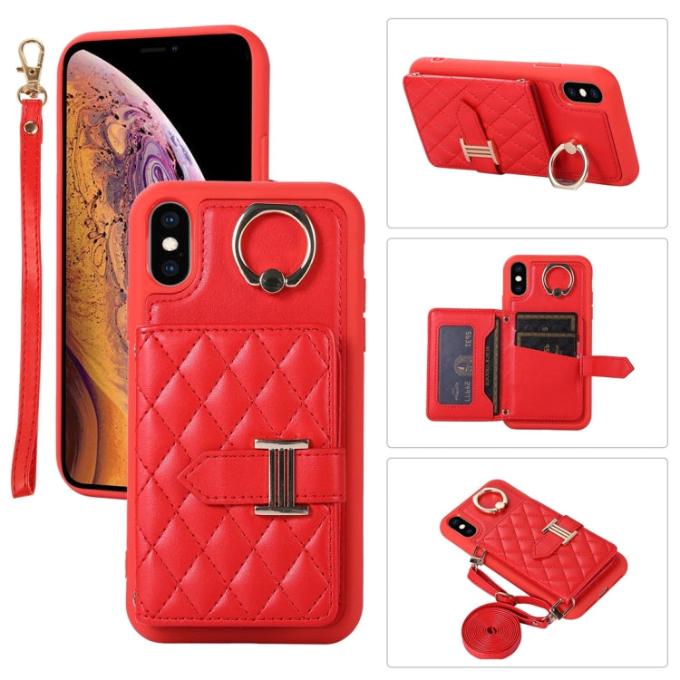 Horizontal Card Bag Ring Holder Phone Case with Dual Lanyard, For iPhone XS Max