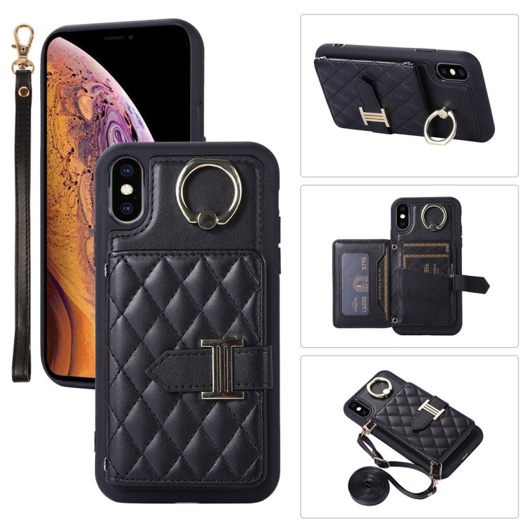 Horizontal Card Bag Ring Holder Phone Case with Dual Lanyard, For iPhone XS Max