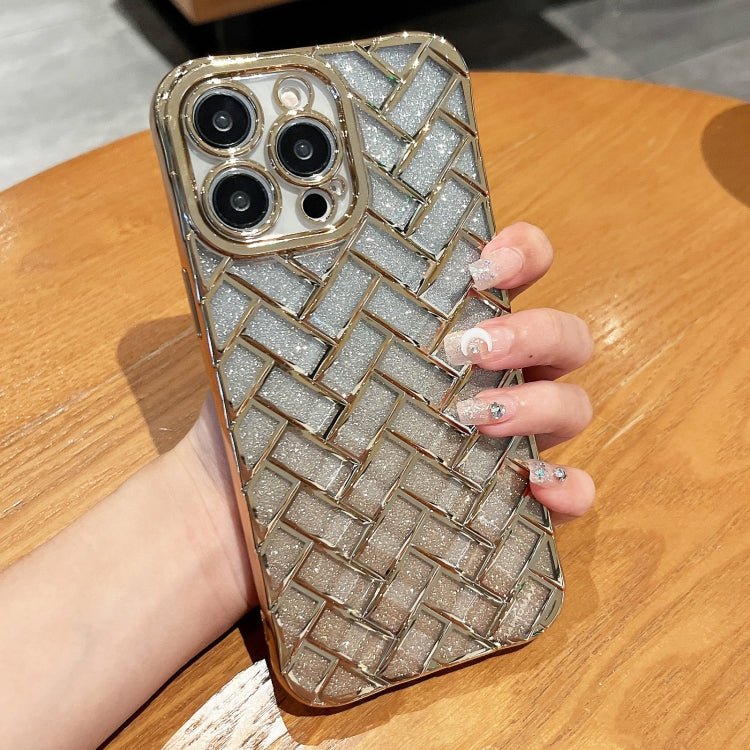 Woven Grid 3D Electroplating Laser Engraving Glitter Paper Phone Case, For iPhone 14 Plus, For iPhone 14, For iPhone 14 Pro, For iPhone 14 Pro Max