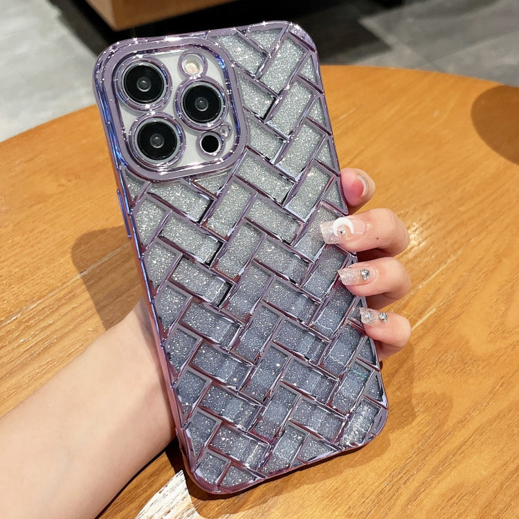 Woven Grid 3D Electroplating Laser Engraving Glitter Paper Phone Case, For iPhone 14 Plus, For iPhone 14, For iPhone 14 Pro, For iPhone 14 Pro Max
