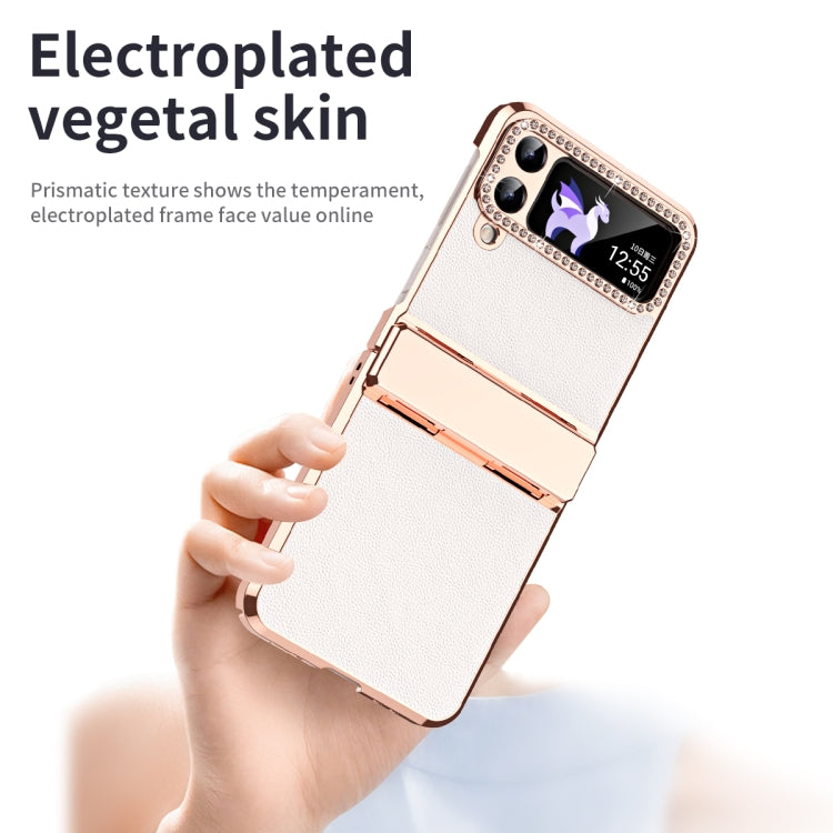 Plated Plain Leather Folding Phone Case with Hinge, For Samsung Galaxy Z Flip4 5G, For Samsung Galaxy Z Flip3 5G