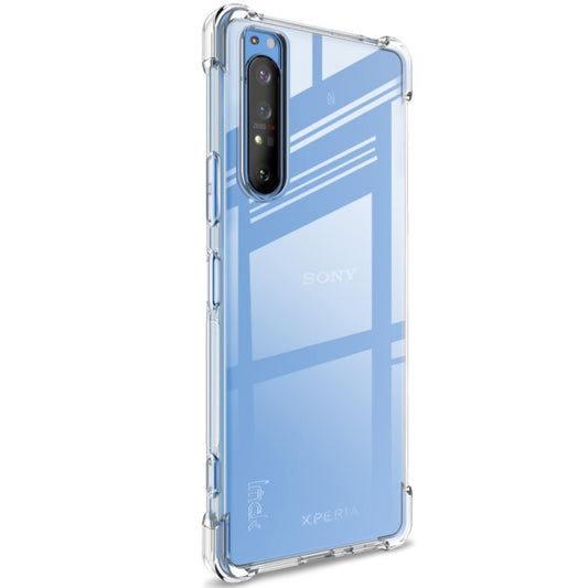 Transparent shockproof TPU case displaying Sony Xperia 1 II phone protection