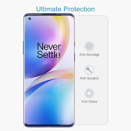 Premium transparent tempered glass shield OnePlus 8 Pro close-up detail