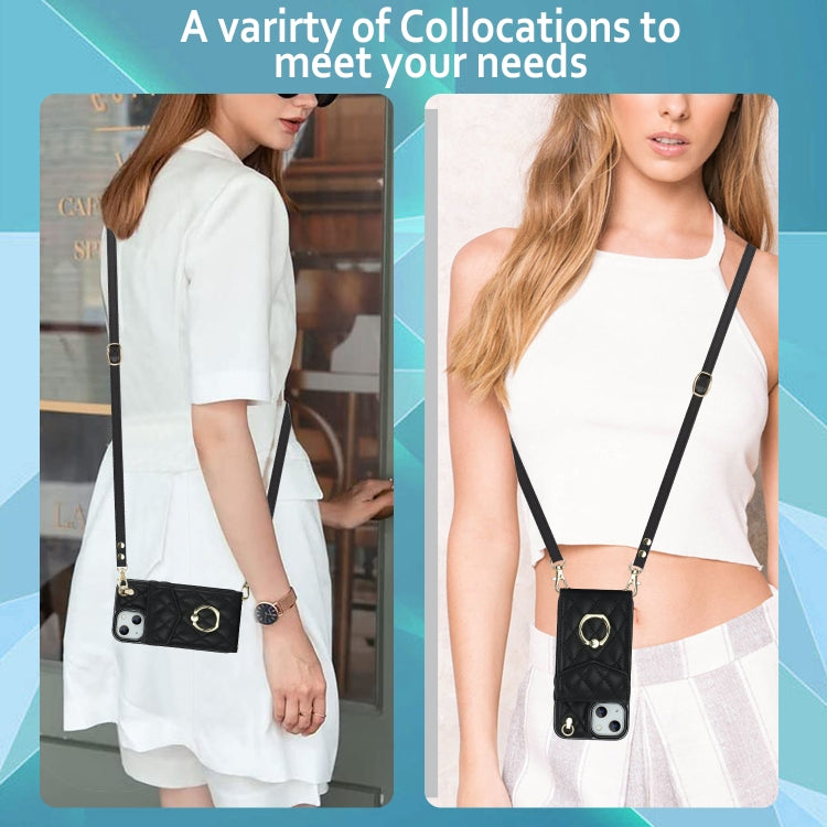 Rhombic Texture Card Bag Phone Case with Long Lanyard, For iPhone 13 Pro Max, For iPhone 13 Pro, For iPhone 13