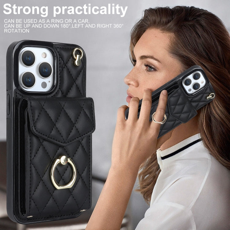 Rhombic Texture Card Bag Phone Case with Long Lanyard, For iPhone 12 / 12 Pro, For iPhone 12 Pro Max, For iPhone 11 Pro Max