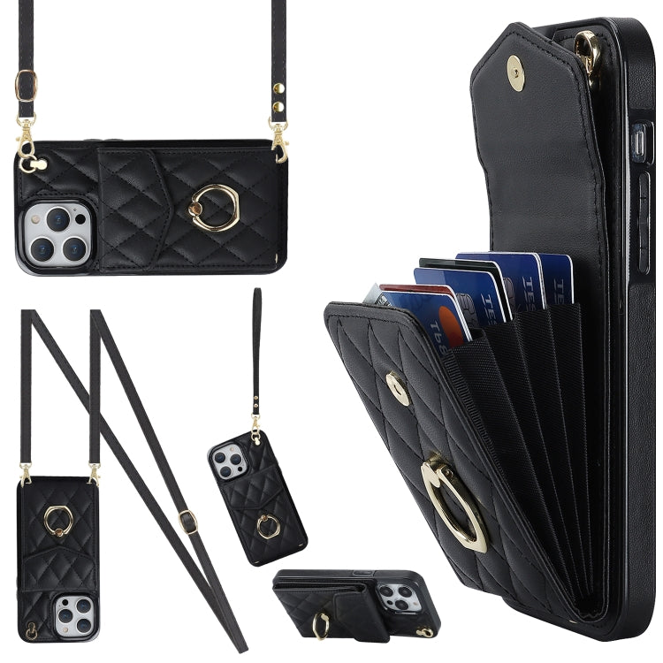 Rhombic Texture Card Bag Phone Case with Long Lanyard, For iPhone 12 / 12 Pro, For iPhone 12 Pro Max, For iPhone 11 Pro Max