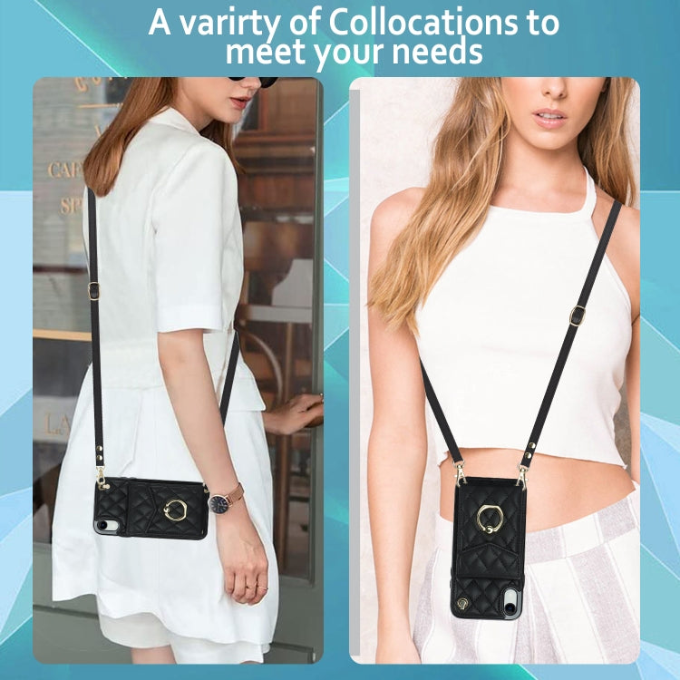 Rhombic Texture Card Bag Phone Case with Long Lanyard