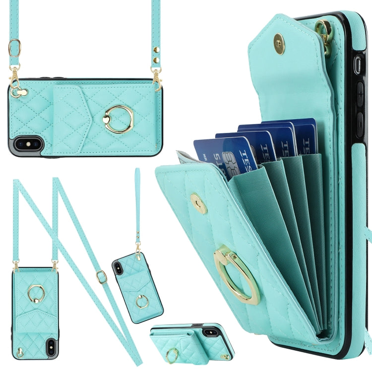 Rhombic Texture Card Bag Phone Case with Long Lanyard