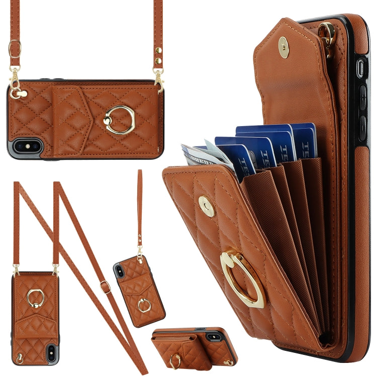 Rhombic Texture Card Bag Phone Case with Long Lanyard