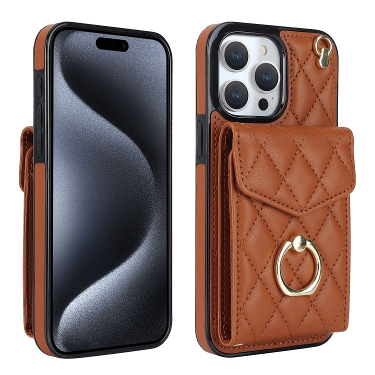 Rhombic Texture Card Bag Phone Case with Long Lanyard, For iPhone 15 Plus, For iPhone 15, For iPhone 14 Plus