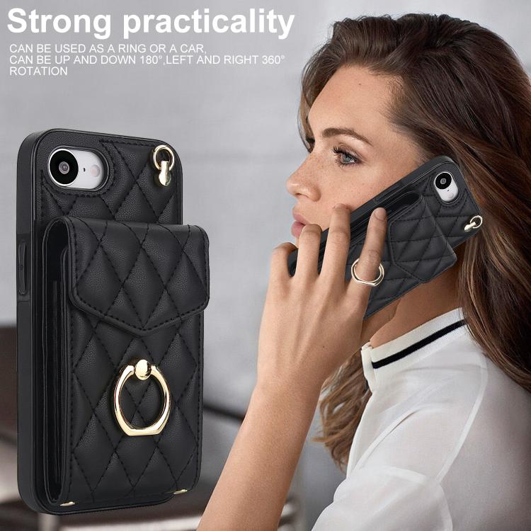 Rhombic Texture Card Bag Phone Case with Long Lanyard, For iPhone 16e, For iPhone 15 Pro Max, For iPhone 15 Pro