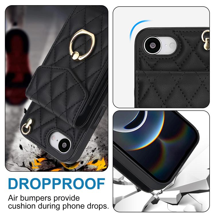 Rhombic Texture Card Bag Phone Case with Long Lanyard, For iPhone 16e, For iPhone 15 Pro Max, For iPhone 15 Pro