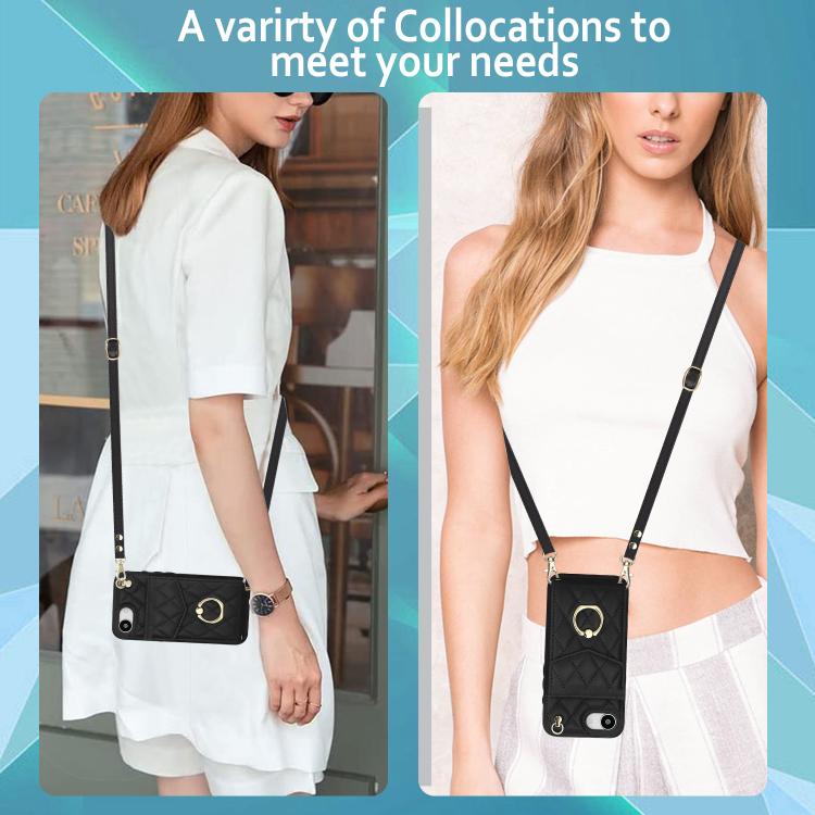 Rhombic Texture Card Bag Phone Case with Long Lanyard, For iPhone 16e, For iPhone 15 Pro Max, For iPhone 15 Pro