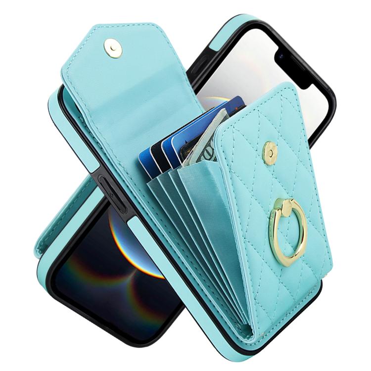 Rhombic Texture Card Bag Phone Case with Long Lanyard, For iPhone 15 Plus, For iPhone 15, For iPhone 14 Plus