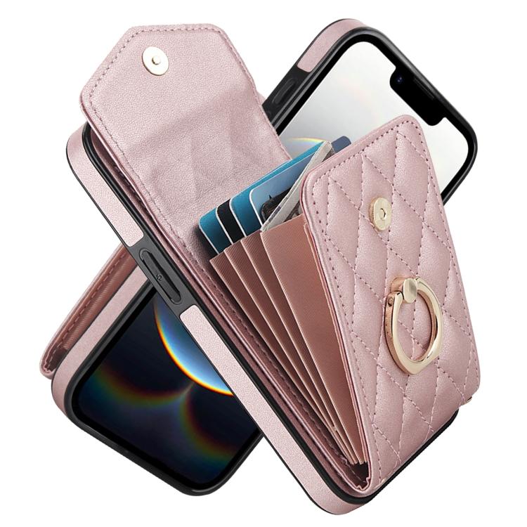 Rhombic Texture Card Bag Phone Case with Long Lanyard, For iPhone 15 Plus, For iPhone 15, For iPhone 14 Plus