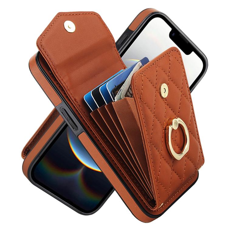 Rhombic Texture Card Bag Phone Case with Long Lanyard, For iPhone 15 Plus, For iPhone 15, For iPhone 14 Plus