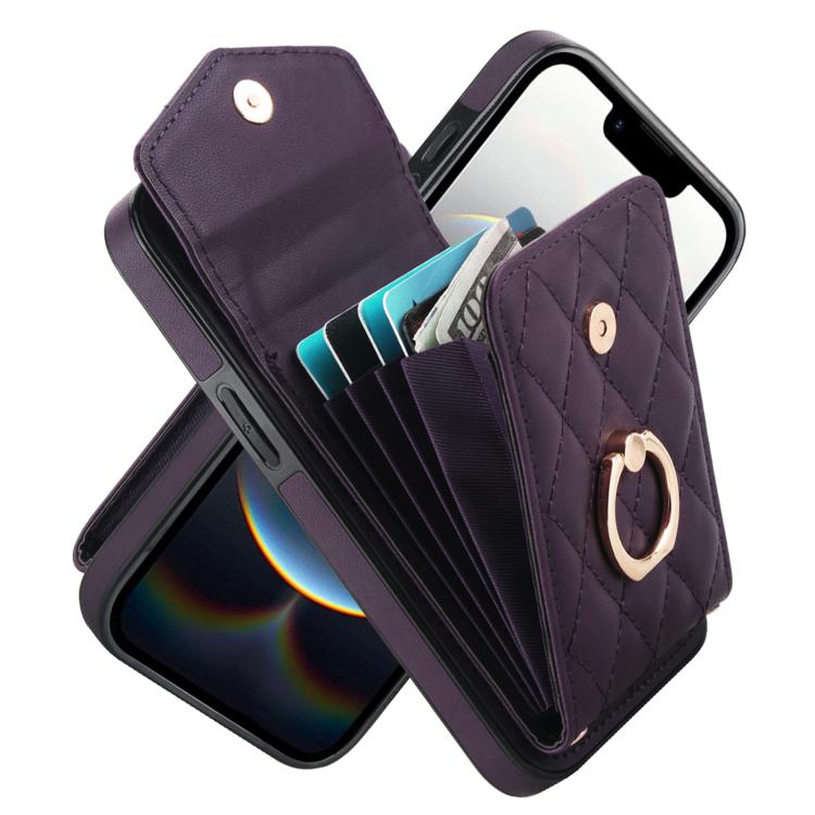 Rhombic Texture Card Bag Phone Case with Long Lanyard, For iPhone 15 Plus, For iPhone 15, For iPhone 14 Plus