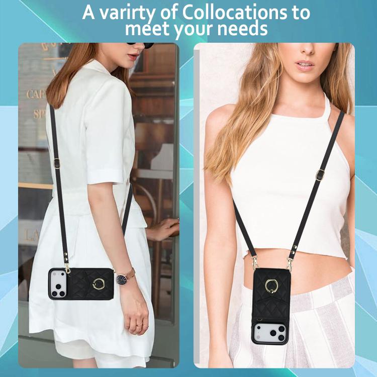 Rhombic Texture Card Bag Phone Case with Long Lanyard, For iPhone 16e, For iPhone 15 Pro Max, For iPhone 15 Pro