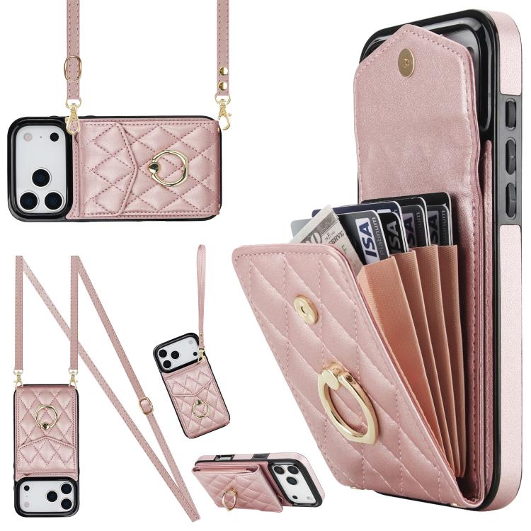 Rhombic Texture Card Bag Phone Case with Long Lanyard, For iPhone 16e, For iPhone 15 Pro Max, For iPhone 15 Pro