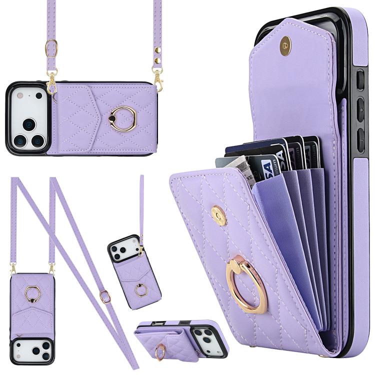 Rhombic Texture Card Bag Phone Case with Long Lanyard, For iPhone 16e, For iPhone 15 Pro Max, For iPhone 15 Pro