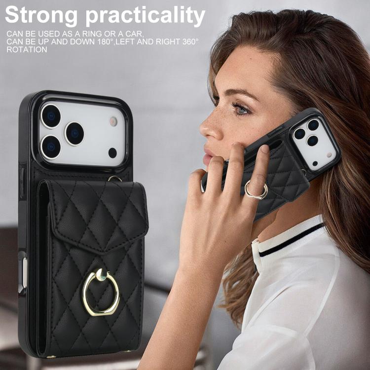 Rhombic Texture Card Bag Phone Case with Long Lanyard, For iPhone 16e, For iPhone 15 Pro Max, For iPhone 15 Pro