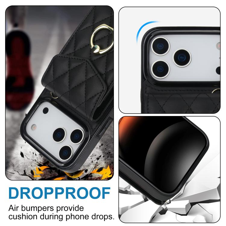 Rhombic Texture Card Bag Phone Case with Long Lanyard, For iPhone 16e, For iPhone 15 Pro Max, For iPhone 15 Pro