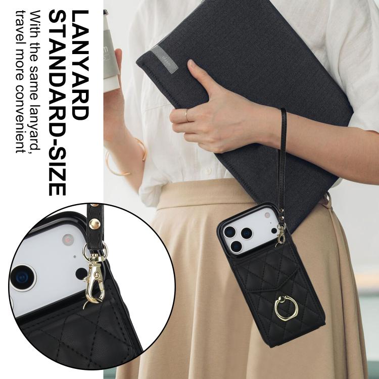 Rhombic Texture Card Bag Phone Case with Long Lanyard, For iPhone 16e, For iPhone 15 Pro Max, For iPhone 15 Pro
