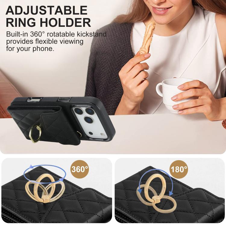 Rhombic Texture Card Bag Phone Case with Long Lanyard, For iPhone 16e, For iPhone 15 Pro Max, For iPhone 15 Pro