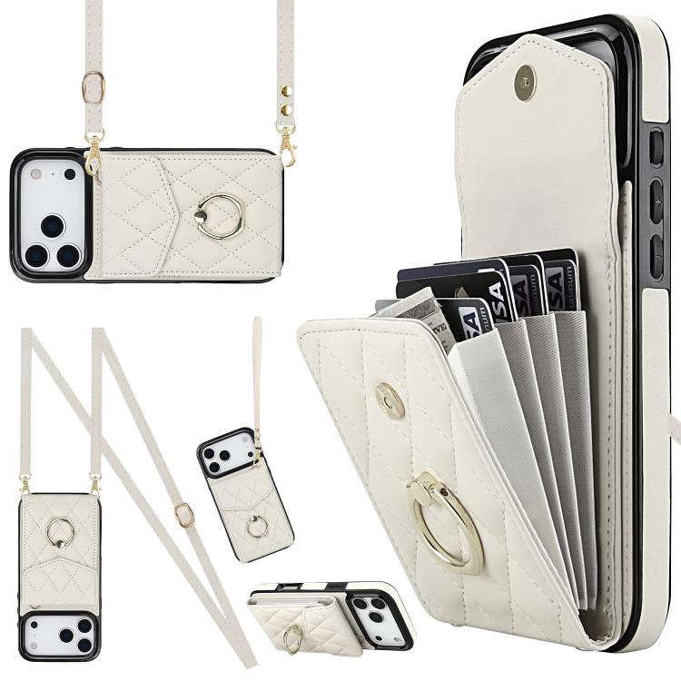 Rhombic Texture Card Bag Phone Case with Long Lanyard, For iPhone 16e, For iPhone 15 Pro Max, For iPhone 15 Pro