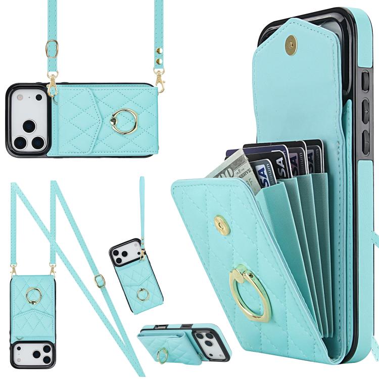 Rhombic Texture Card Bag Phone Case with Long Lanyard, For iPhone 16e, For iPhone 15 Pro Max, For iPhone 15 Pro