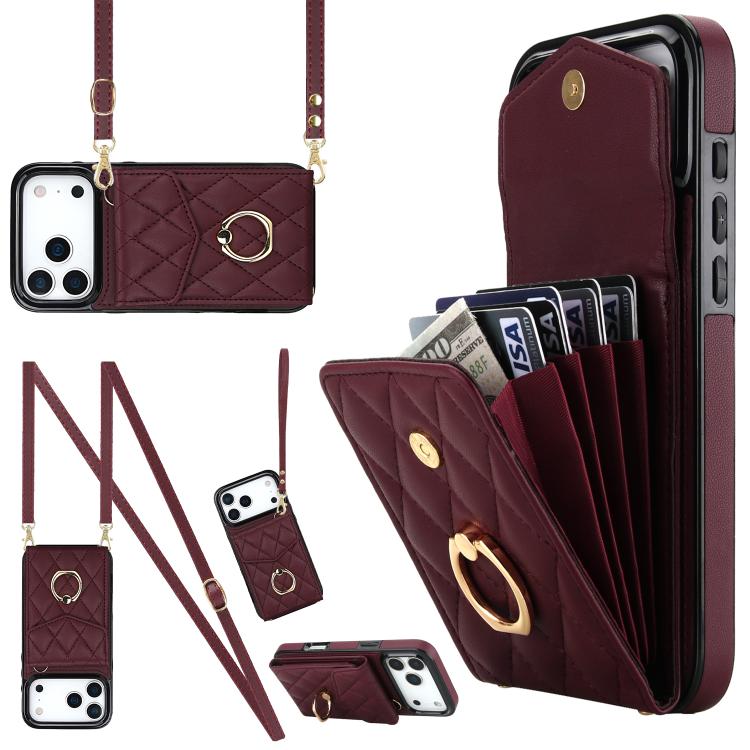 Rhombic Texture Card Bag Phone Case with Long Lanyard, For iPhone 16e, For iPhone 15 Pro Max, For iPhone 15 Pro