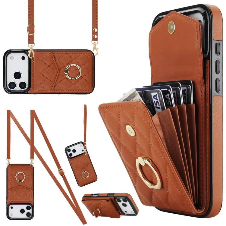 Rhombic Texture Card Bag Phone Case with Long Lanyard, For iPhone 16e, For iPhone 15 Pro Max, For iPhone 15 Pro