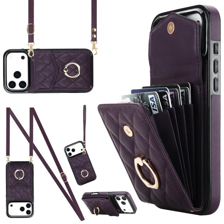 Rhombic Texture Card Bag Phone Case with Long Lanyard, For iPhone 16e, For iPhone 15 Pro Max, For iPhone 15 Pro