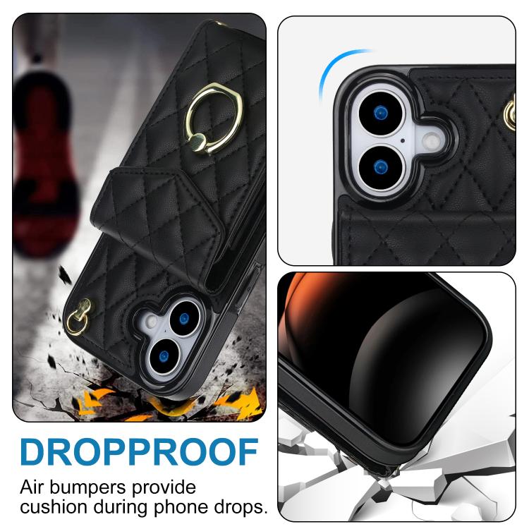 Rhombic Texture Card Bag Phone Case with Long Lanyard, For iPhone 15 Plus, For iPhone 15, For iPhone 14 Plus