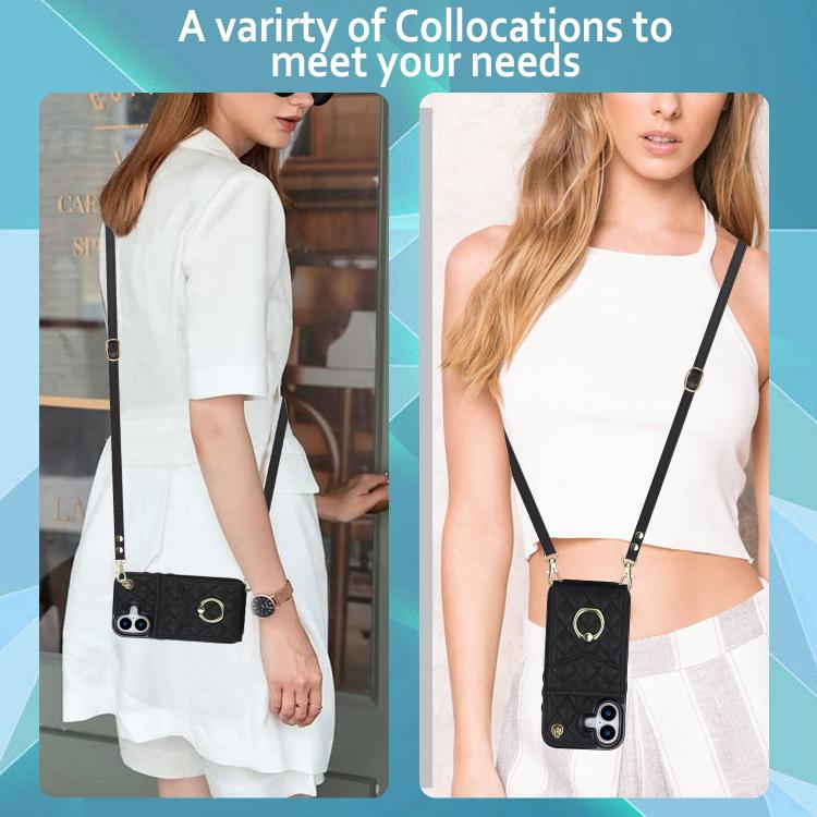 Rhombic Texture Card Bag Phone Case with Long Lanyard, For iPhone 15 Plus, For iPhone 15, For iPhone 14 Plus