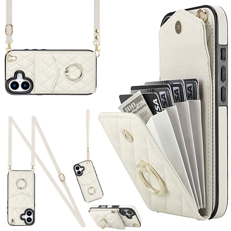 Rhombic Texture Card Bag Phone Case with Long Lanyard, For iPhone 15 Plus, For iPhone 15, For iPhone 14 Plus