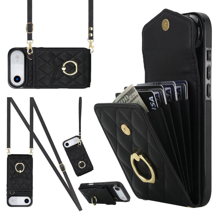 Rhombic Texture Card Bag Phone Case with Long Lanyard, For iPhone 15 Plus, For iPhone 15, For iPhone 14 Plus