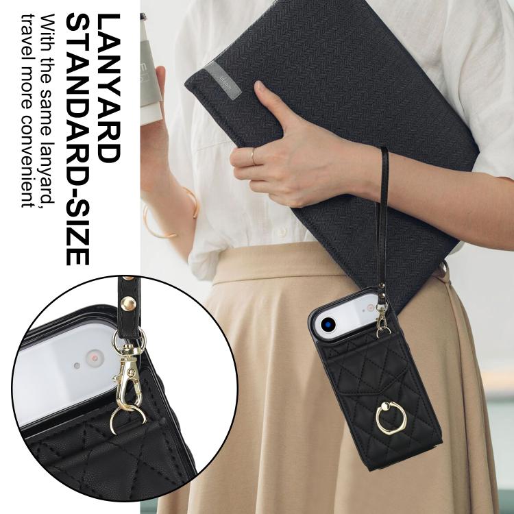 Rhombic Texture Card Bag Phone Case with Long Lanyard, For iPhone 15 Plus, For iPhone 15, For iPhone 14 Plus