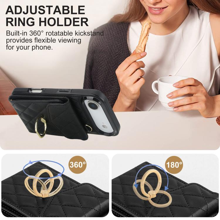 Rhombic Texture Card Bag Phone Case with Long Lanyard, For iPhone 15 Plus, For iPhone 15, For iPhone 14 Plus