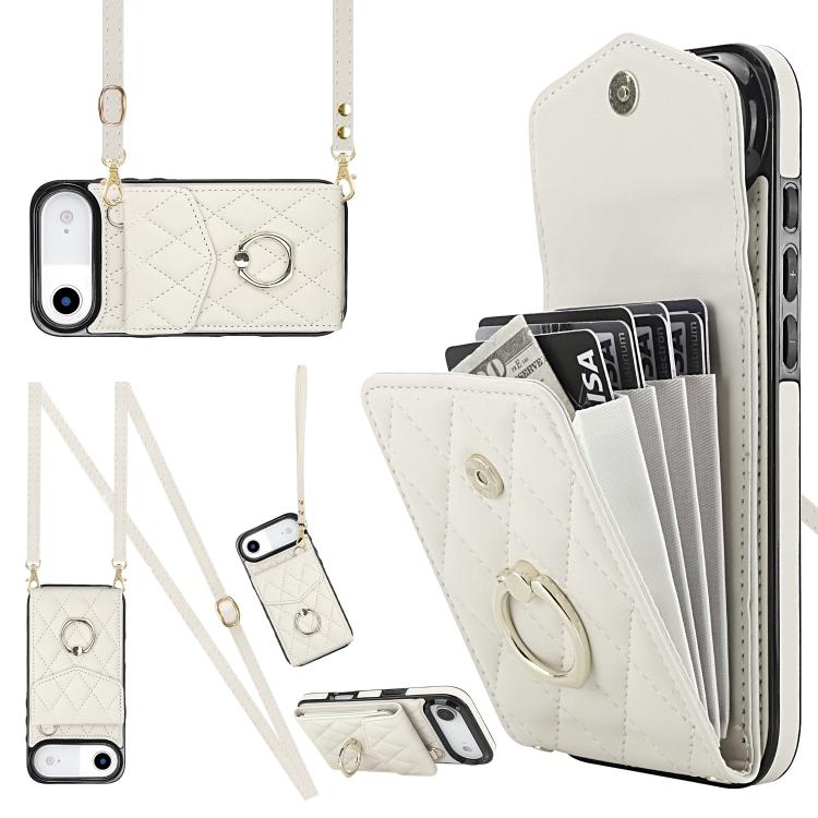 Rhombic Texture Card Bag Phone Case with Long Lanyard, For iPhone 15 Plus, For iPhone 15, For iPhone 14 Plus