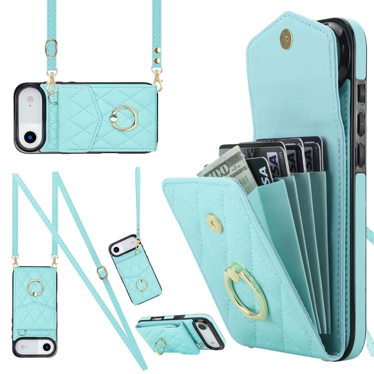 Rhombic Texture Card Bag Phone Case with Long Lanyard, For iPhone 15 Plus, For iPhone 15, For iPhone 14 Plus