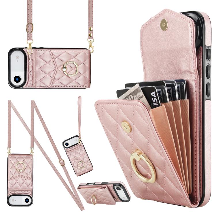 Rhombic Texture Card Bag Phone Case with Long Lanyard, For iPhone 15 Plus, For iPhone 15, For iPhone 14 Plus