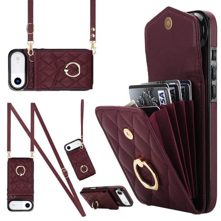 Rhombic Texture Card Bag Phone Case with Long Lanyard, For iPhone 15 Plus, For iPhone 15, For iPhone 14 Plus