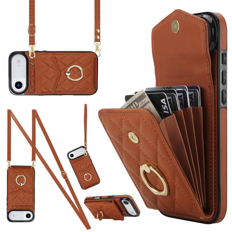 Rhombic Texture Card Bag Phone Case with Long Lanyard, For iPhone 15 Plus, For iPhone 15, For iPhone 14 Plus
