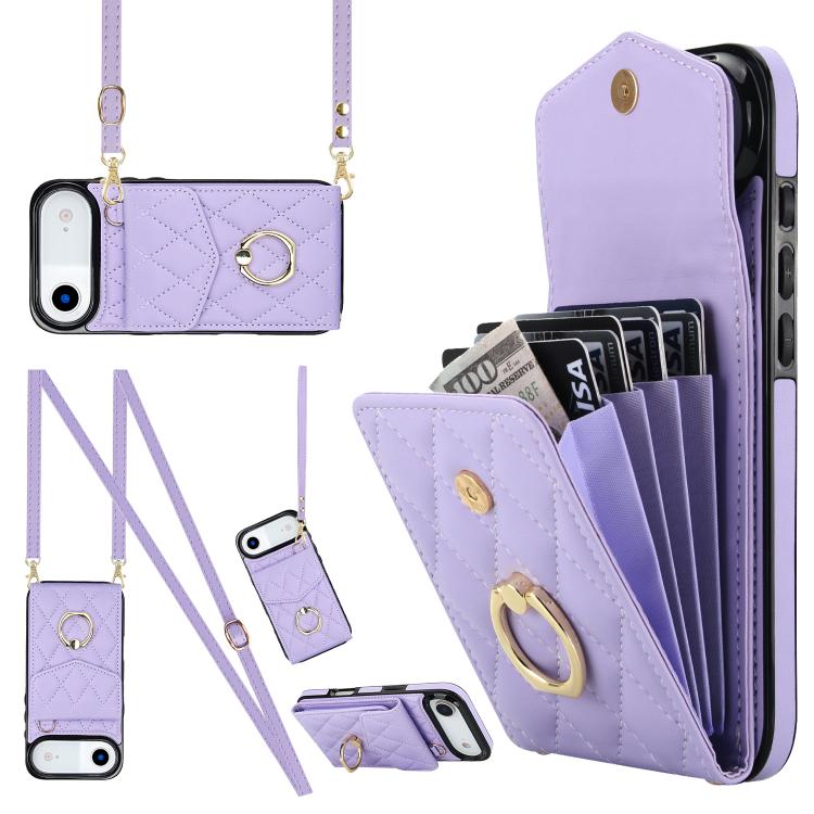 Rhombic Texture Card Bag Phone Case with Long Lanyard, For iPhone 15 Plus, For iPhone 15, For iPhone 14 Plus