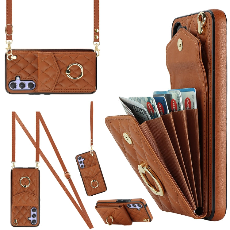 Rhombic Texture Card Bag Phone Case with Long Lanyard