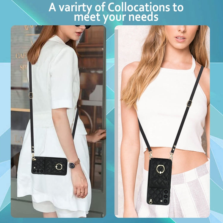 Rhombic Texture Card Bag Phone Case with Long Lanyard