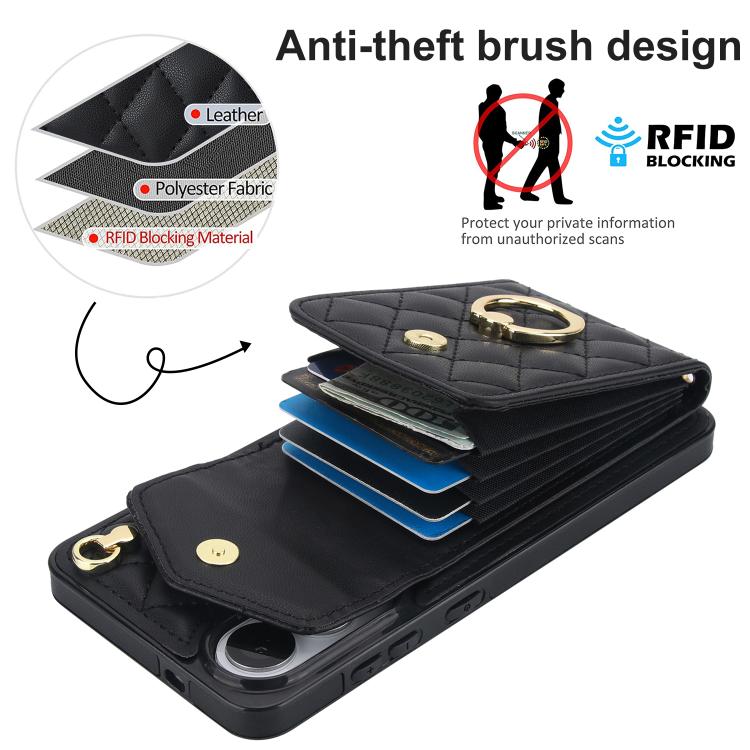 Rhombic Texture Card Bag Phone Case with Long Lanyard